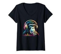Donna Scimpanzé DJ scimmia con cuffie musica equalizzatore scimmia DJ Maglietta con Collo a V
