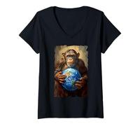 Donna Scimpanzé Holding Terra Pianeta Mondo Primate Scimmia Maglietta con Collo a V