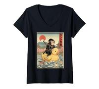 Donna Scimpanzé Ninja Giappone Vintage Giapponese Ukiyo-e Art Maglietta con Collo a V