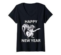Donna Scoiattolo a Dondolo Che Suona la Chitarra elettrica Vintage Capodanno Maglietta con Collo a V
