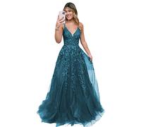 Donna Scollo a V Tulle Abiti Da Sera Lunghi A Linea Appliques Pizzo Abito Da Sfera Formale per, foglia di tè, 56