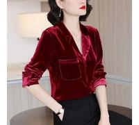 Donna Scollo A V Velluto Camicetta con Bottoni Bavero Lavoro Ol Affari Elegante
