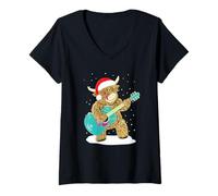 Donna Scottish Highland Cow Suona la Chitarra nella Neve Natalizia Maglietta con Collo a V