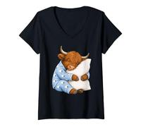 Donna Scottish Highland Mucca Che Dorme in Pigiama Carino Sonno Maglietta con Collo a V