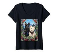 Donna Scottish Terrier Westie Dog Tartan Art Nouveau Maglietta con Collo a V