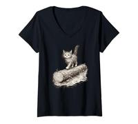 Donna Scribble Gattino su Un Ceppo Maglietta con Collo a V