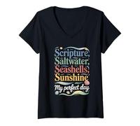 Donna Scripture Conchiglie d'Acqua salata Sunshine My Perfect Day Maglietta con Collo a V