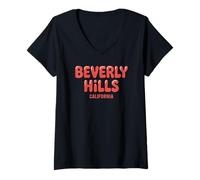 Donna Scritta Beverly Hills Comic Maglietta con Collo a V