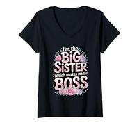 Donna Scritta floreale con scritta "I'm the Big Sister which makes me the boss" Maglietta con Collo a V