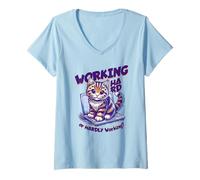 Donna Scritta - Working Hard or Hardly Working Divertente Gatto Maglietta con Collo a V