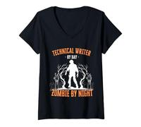 Donna Scrittore Tecnico di Day Zombie di Notte Divertente Halloween Maglietta con Collo a V