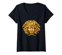 Donna Scultura Decorativa Dorata a Forma di Testa di Medusa Maglietta con Collo a V
