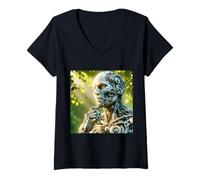 Donna Scultura Fantasy Robot Face Maglietta con Collo a V