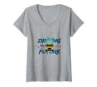 Donna Scuolabus Driver Driving The Future Inspirational Citazione Maglietta con Collo a V, Grigio Melange, L