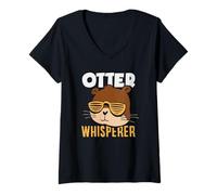 Donna Sea Otter Whisperer Cute Lontra Occhiali da Sole Maglietta con Collo a V