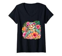 Donna Sea Turtle Hawaiian Flowers Vacation Beach Summer Maglietta con Collo a V