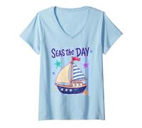Donna Seas The Day Barca a Vela Ocean Explorer Design Maglietta con Collo a V