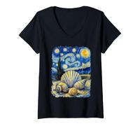 Donna Seashells Van Gogh Vacanze estive al Sole e sulla Spiaggia Maglietta con Collo a V