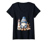 Donna Seaside Boat Captain GNOME for Men with Lighthouse At Ocean Maglietta con Collo a V
