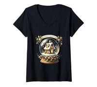 Donna Season's Greetings - Palla di Neve con Cottage Invernale Maglietta con Collo a V