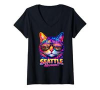 Donna Seattle Cat | Occhiali da Sole Colorati alla Moda con Gattini Maglietta con Collo a V