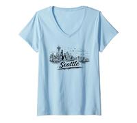 Donna Seattle, Skyline Città, iconico, Torre, Schizzo, Grafico Maglietta con Collo a V
