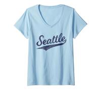 Donna Seattle State of Washington Baseball Script Flag Swoosh Maglietta con Collo a V