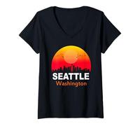 Donna Seattle Washington State USA Vintage Sunset Retro City Maglietta con Collo a V