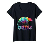 Donna Seattle Washington Tie Dye Bear Pride Outdoor Vintage Maglietta con Collo a V