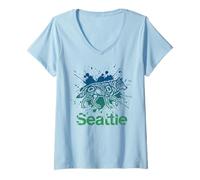 Donna Seattle Wolf Nativi Americani Arte Indiana Maglietta con Collo a V