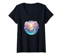 Donna Seaturtle Beach Sea Turtle Shell Beachy Blue Pink Sunset Art Maglietta con Collo a V