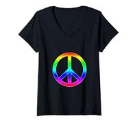 Donna Segno di Pace Arcobaleno Hippie Alto Contrasto su Nero Maglietta con Collo a V