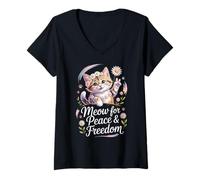 Donna Segno di Pace Kitty USA - Meow for Freedom Maglietta con Collo a V
