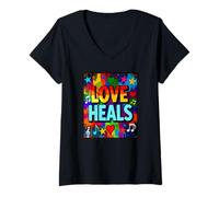 Donna Segno Hippie Love Heals Maglietta con Collo a V