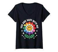 Donna Sei al sicuro con me LGBTQ Gay Pride Ally Rainbow Smile Face Maglietta con Collo a V