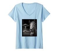 Donna Selfie a Cavallo UFO con Divertente Gioco di Parole sacrale Maglietta con Collo a V