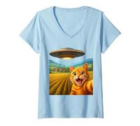 Donna Selfie Astronave aliena UFO Gatto colorato Maglietta con Collo a V