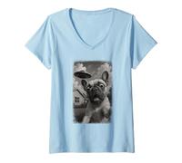 Donna Selfie del Bulldog Francese angosciato UFO con l'invasione Maglietta con Collo a V