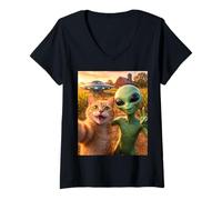 Donna Selfie di Gatti con Alieno e UFO Divertente Regalo per Donne Uomini Maglietta con Collo a V