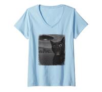 Donna Selfie di Gatto Nero angosciato UFO con Gioco di Parole di Maglietta con Collo a V