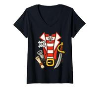 Donna Semplice Pirata Halloween Costume Mappa del Tesoro Spada Funt Maglietta con Collo a V