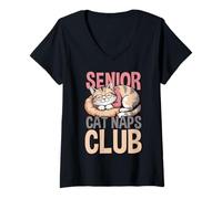 Donna Senior Cat Naps Club Sleeping Kitty con Design Maglietta con Collo a V