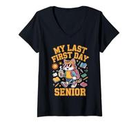 Donna Senior My Last First Day Divertente Cool Cat Back To School Tee Maglietta con Collo a V