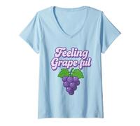 Donna sentendosi Grapeful Pun Design Maglietta con Collo a V