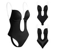 Donna Senza Schienale Invisibile Body Con Reggiseno Push Up, Scollo a V Profondo Shaper Contenitivo Perizoma per Matrimonio Festa (Nero, L)