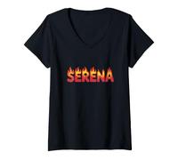 Donna Serena On Fire - Decorazione con Nome e Scritta Cute Custom con Fiamme Maglietta con Collo a V