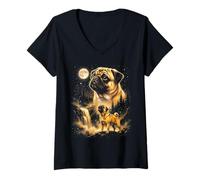 Donna Serene Pug Dog Moonlit Forest Cascata Canine Art Maglietta con Collo a V