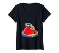 Donna Serpente Abbracciare San Valentino Cuore Colore Critters Arcobaleno Maglietta con Collo a V