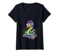 Donna Serpente Con Cuffie Dj Su Consolle Maglietta con Collo a V