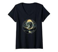 Donna Serpente Guardando la Luna Mistico Rettile Maglietta con Collo a V